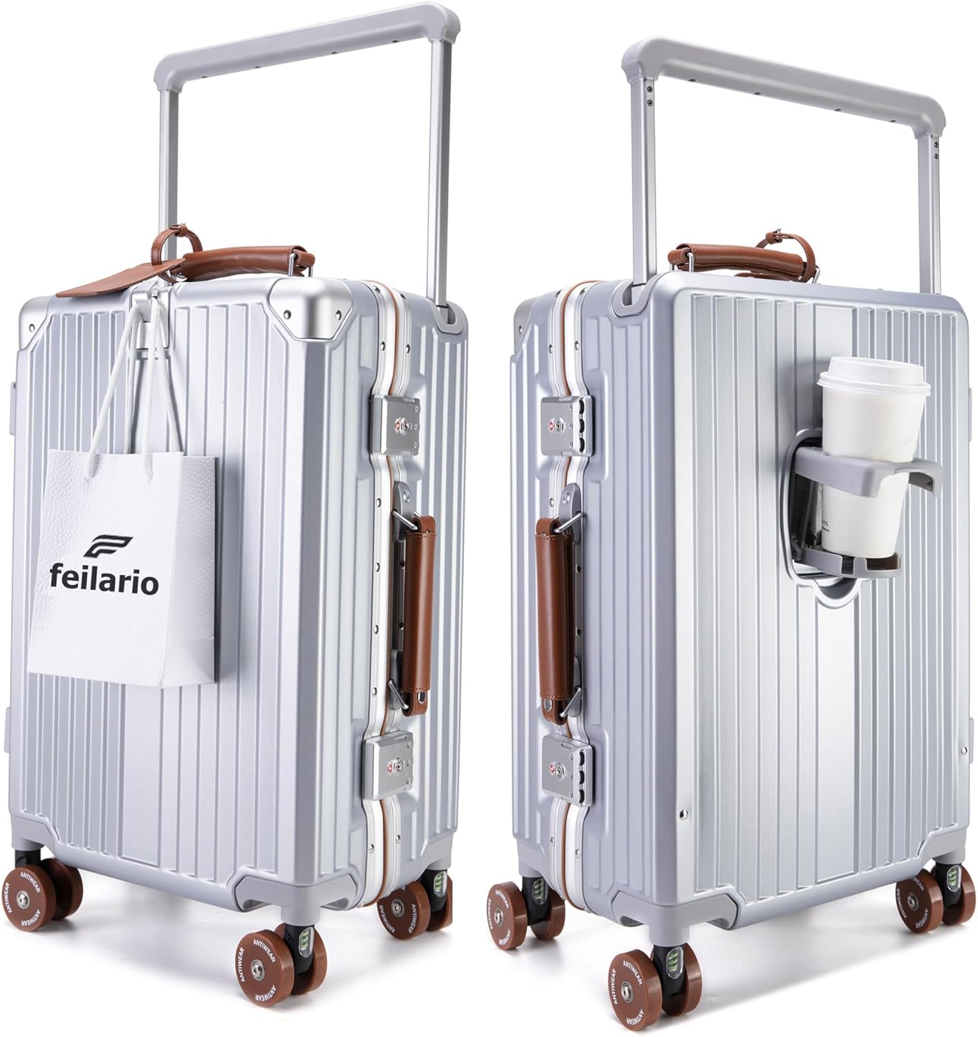 feilario 20" Aluminum Frame Wide Handle Hard Shell Carry On Suitcase - Vivid Colors Double Spinner Wheels Airline Approved Rolling Luggage with TSA Lock & Cup Holder (Silver, 24in)