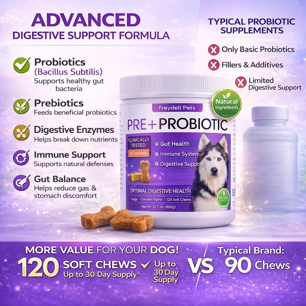 Freydell Pets Probiotics for Dogs– Digestive Enzymes, Prebiotics & Fiber Soft Chews – Gut Health, Diarrhea Relief, Yeast Balance, Immune Support, Pumpkin & Papaya – Dog Probiotic Supplement 120 Chews
