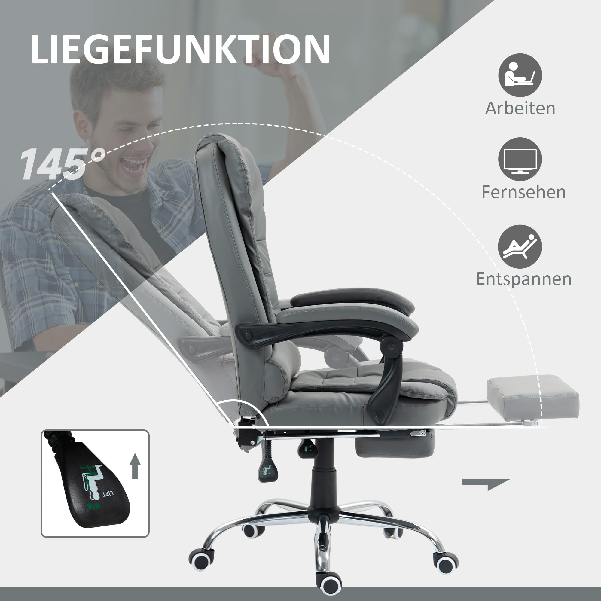 HOMCOM Bürostuhl Ergonomischer Schreibtischstuhl mit Lendenwirbelstütze, Armlehne, Fußstütze, Höhenverstellbarer Drehstuhl mit Wippfunktion, Kunstleder, Gepolstert Computerstuhl, Grau
