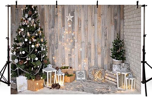 MEHOFOND Árbol de Navidad de invierno de 8 x 6 pies, fondos de pared de madera marrón rústica, estrellas, regalos, corona, fotografía, fondo, feliz
