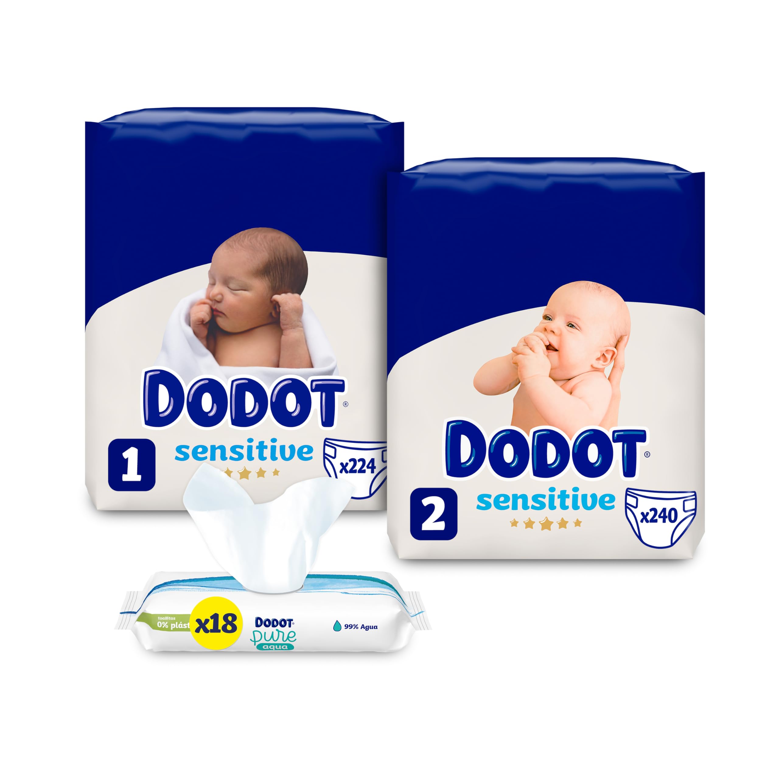 Dodot 224 Pañales Bebé Sensitive Talla 1 (2-5 kg) + 240 Pañales Talla 2 (4-8 kg) + Toallitas Aqua Pure, 18 Paquetes (18x48), Máxima Protección de la Piel