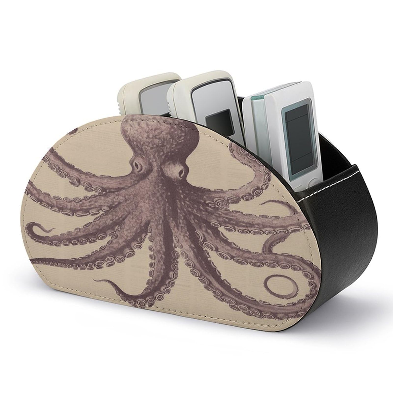 VstaDank Vintage Octopus Remote Control Holder with 5 Compartments PU Leather TV Remoter Caddy Desktop Organizer TV Remote Holder Remote Box for Media Controllers Office Supplies