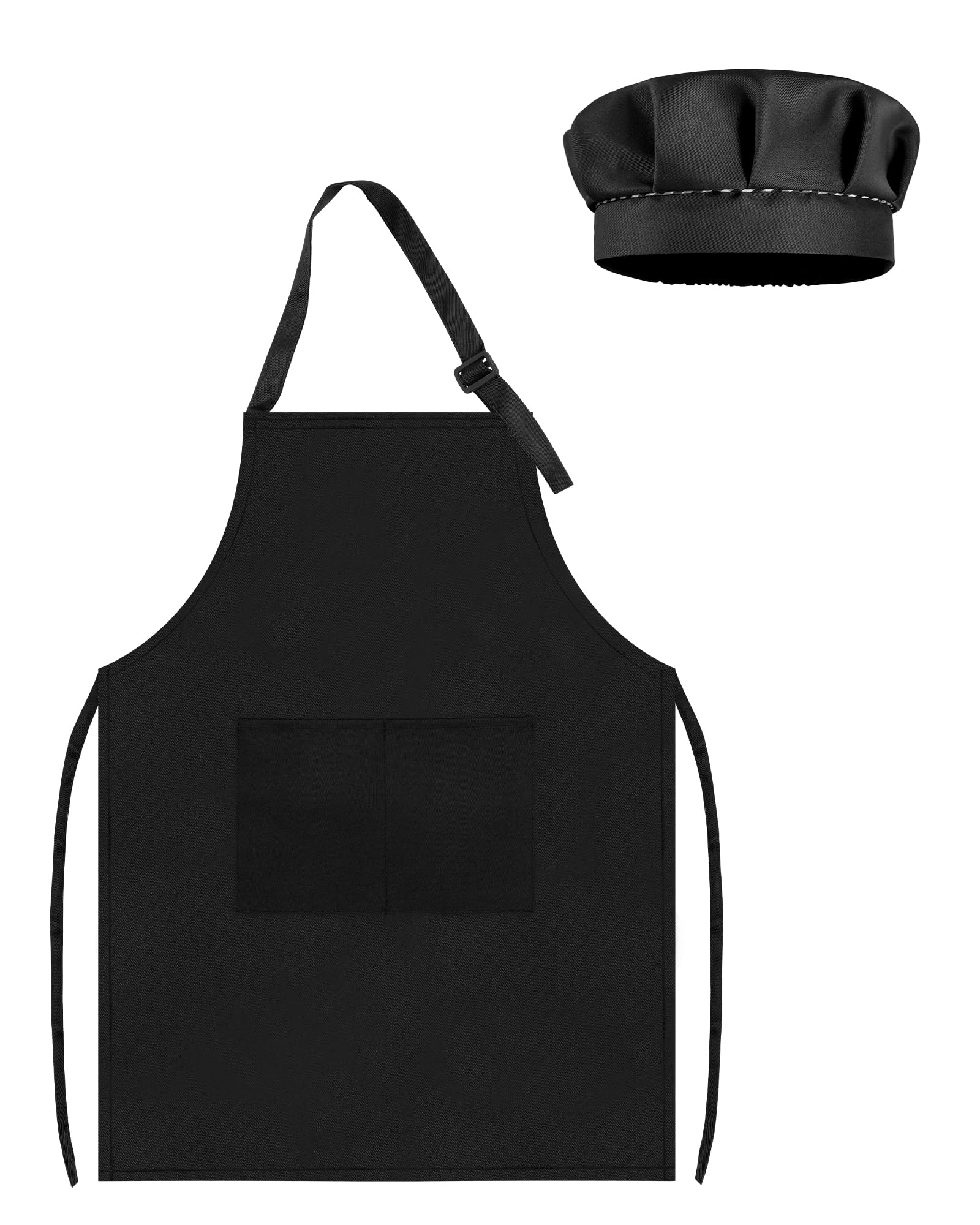 TOPWAYS Kids Apron and Chef Hat Set Black, Adjustable Toddle Chef Apron Outfit, Kitchen Apron for Baking Cooking Painting, Artist Dress with Two Pockets for Age 3 to 6 Years Kids(M 3 to 6 years)