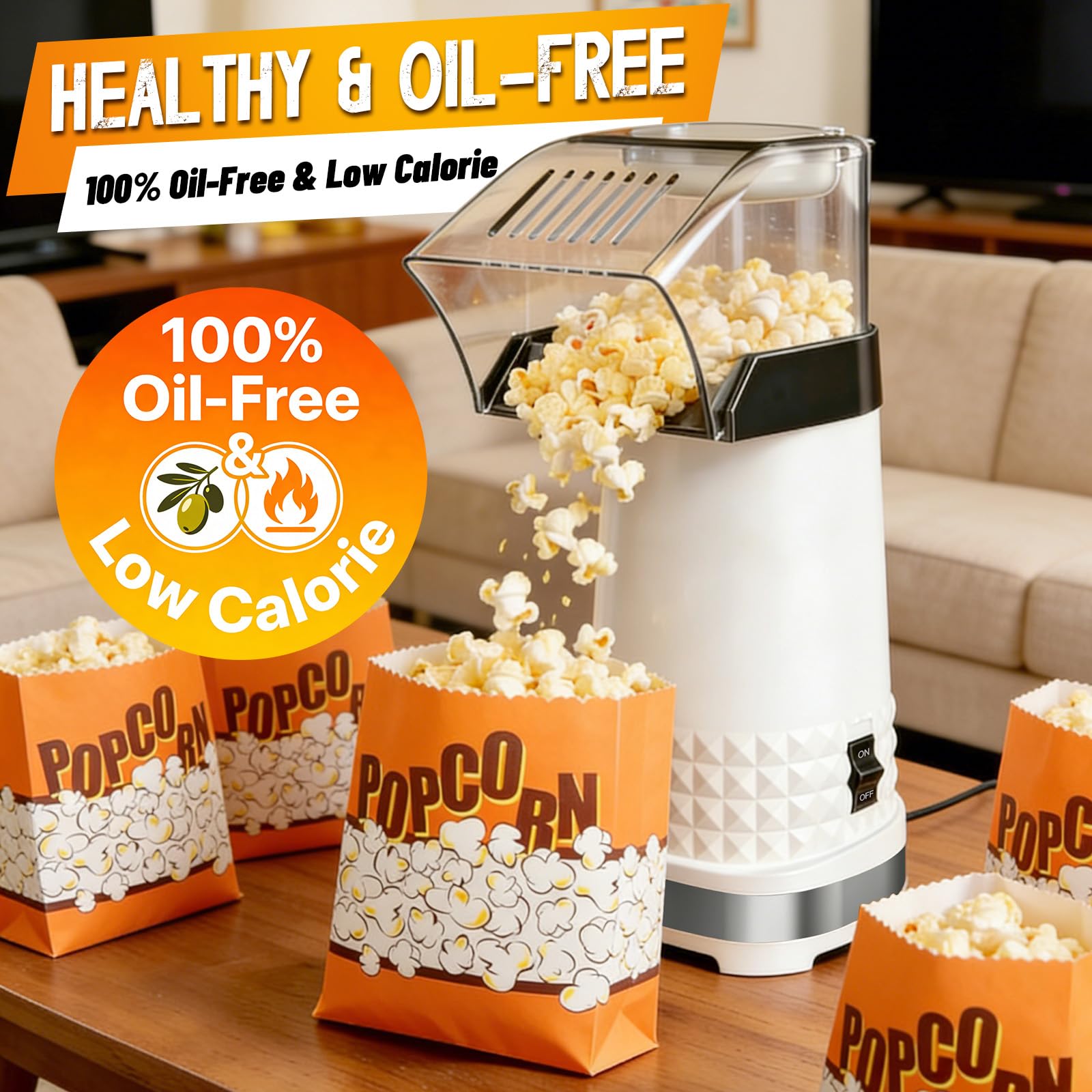 1200W Quick Popcorn Popper, ETL Certified Oil-Free Healthy Air Popper, 4.5-Quart Popcorn Maker for Movie Nights & Parties, White - 4