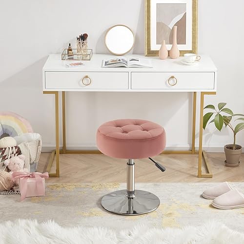 Miniatura 2 de Silla de Tocador Rosa para Cuarto de Maquillaje Otomana Redonda de Terciopelo Rosa con Capitoné Silla de Maquillaje Taburetes de Tocador para Baño