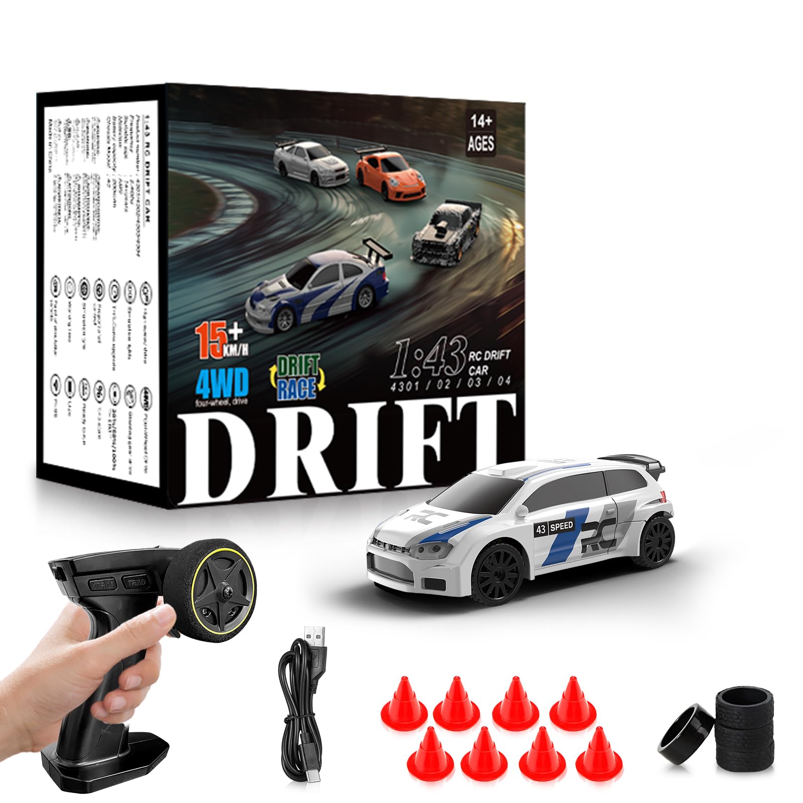 RC Drift car, 1/43 Mini Rc Drift car with Gyroscope, 2.4GHz Full Proportional Remote control Cars, 4WD High Speed Racing with Lights, Racing Tires, Model Cars Gift for Adults, Kids, Boys, Girls
