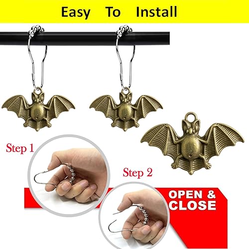 Miniatura 7 de ZILucky Juego de 12 ganchos para cortina de ducha con diseño de murciélagos, suministros de fiesta de Halloween, decoración de casa encantada, acero