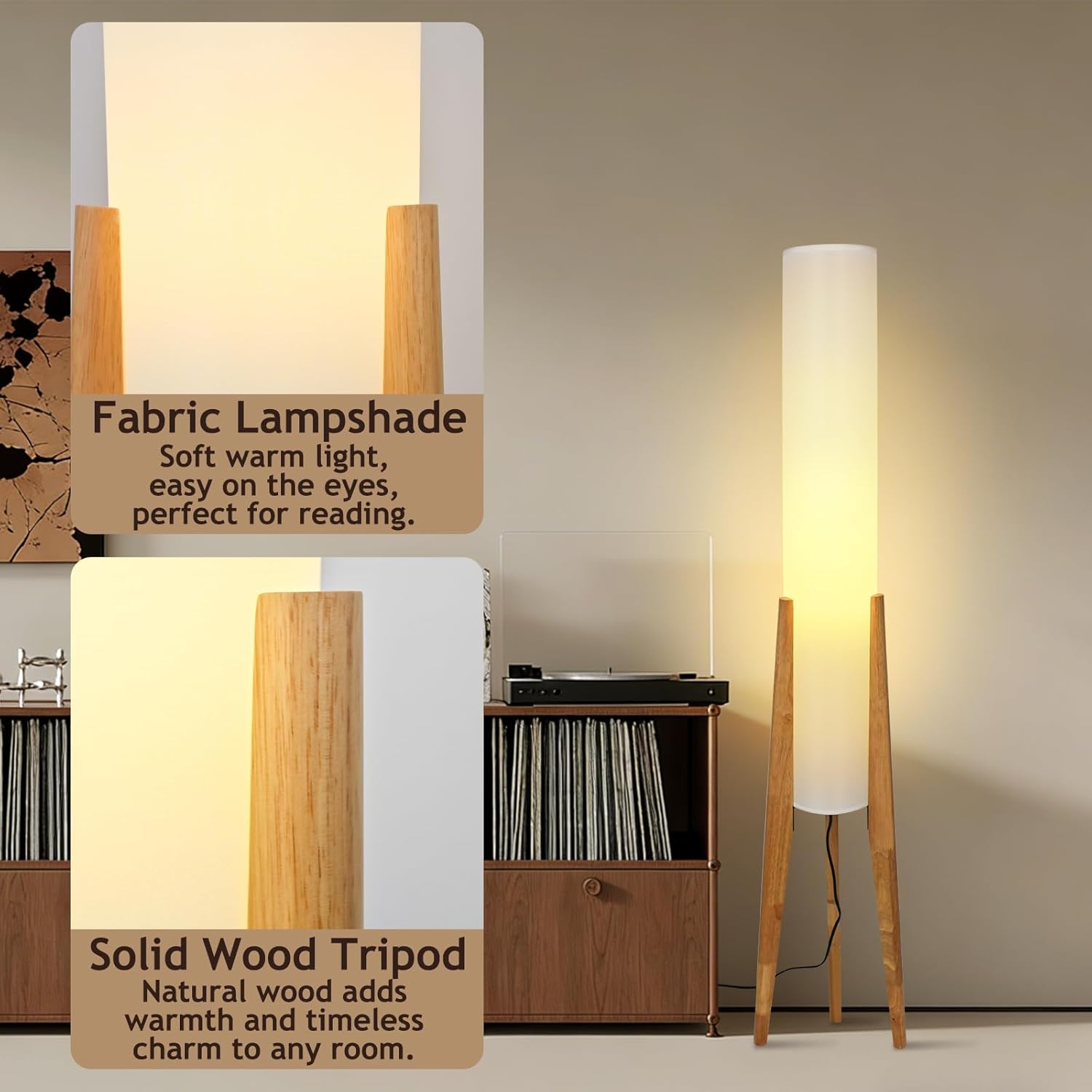 Wabi-sabi 50.4" Wooden Tripod Floor Lamp Linen Floor Light Round Fabric Tall Lamp with E26 Dimmable Wood Standing Light for Living Room Bedroom Study Sofa Area Tea Room