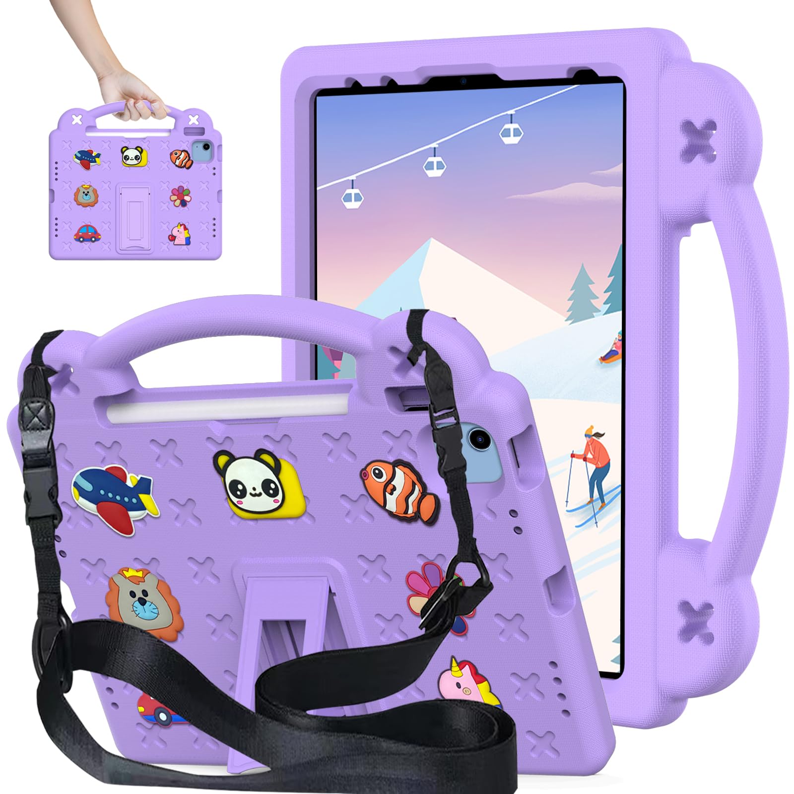 YRH Kids Case for iPad A16 Case 11'' 2025, with Strap Handle Stand, EVA Shockproof Cover, Purple