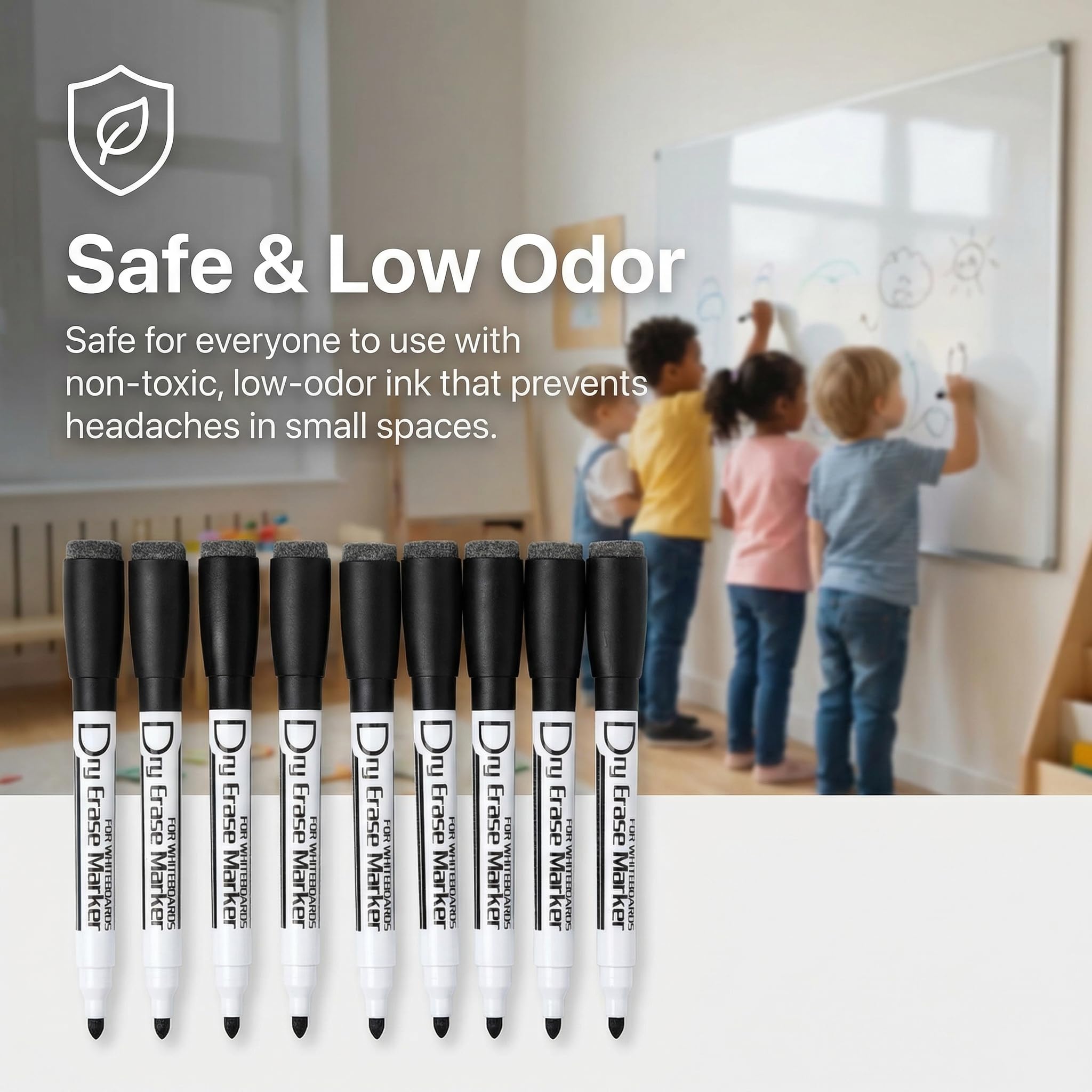 Volcanics magnetische Whiteboard-Marker mit Radiergummi, geruchsarm, feine Spitze, Schwarz, 12 Stück | Whiteboard-Stifte, präzises Schreiben für detaillierte Notizen, Planer, Etiketten und Whiteboards.