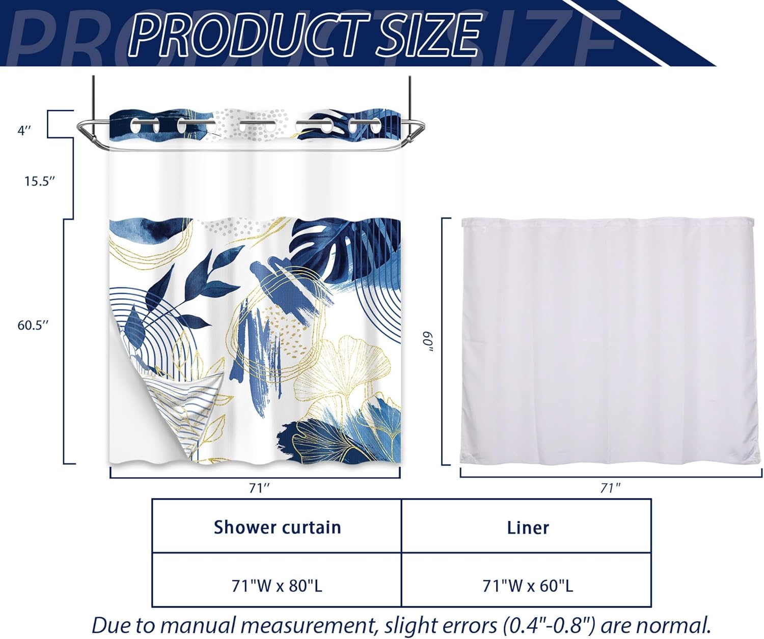 Navy Blue Hookless Shower Curtain with Snap in Liner, White and Dark Blue Leaf No Hook Double Layer Shower Curtain and Liner Set, Ringless with Window Waterproof Cloth Fabric, 71" W x 80" L
