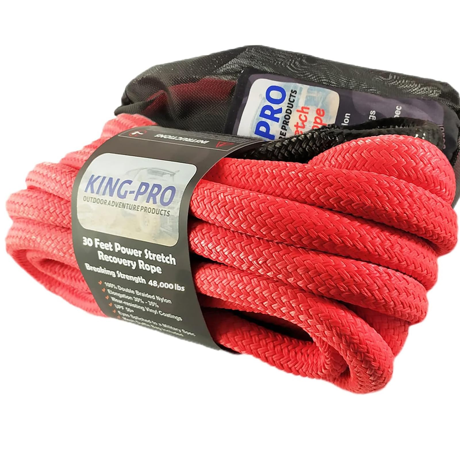 Kinetic Recovery Rope 7/8“x30' Towing Rope 30,000lbs Breaking Strength 100% Nylon Made Heavy Duty Offroad Rope 30% Stretches for Full-Size Truck Large SUVs Offroad Vehicels (Red)