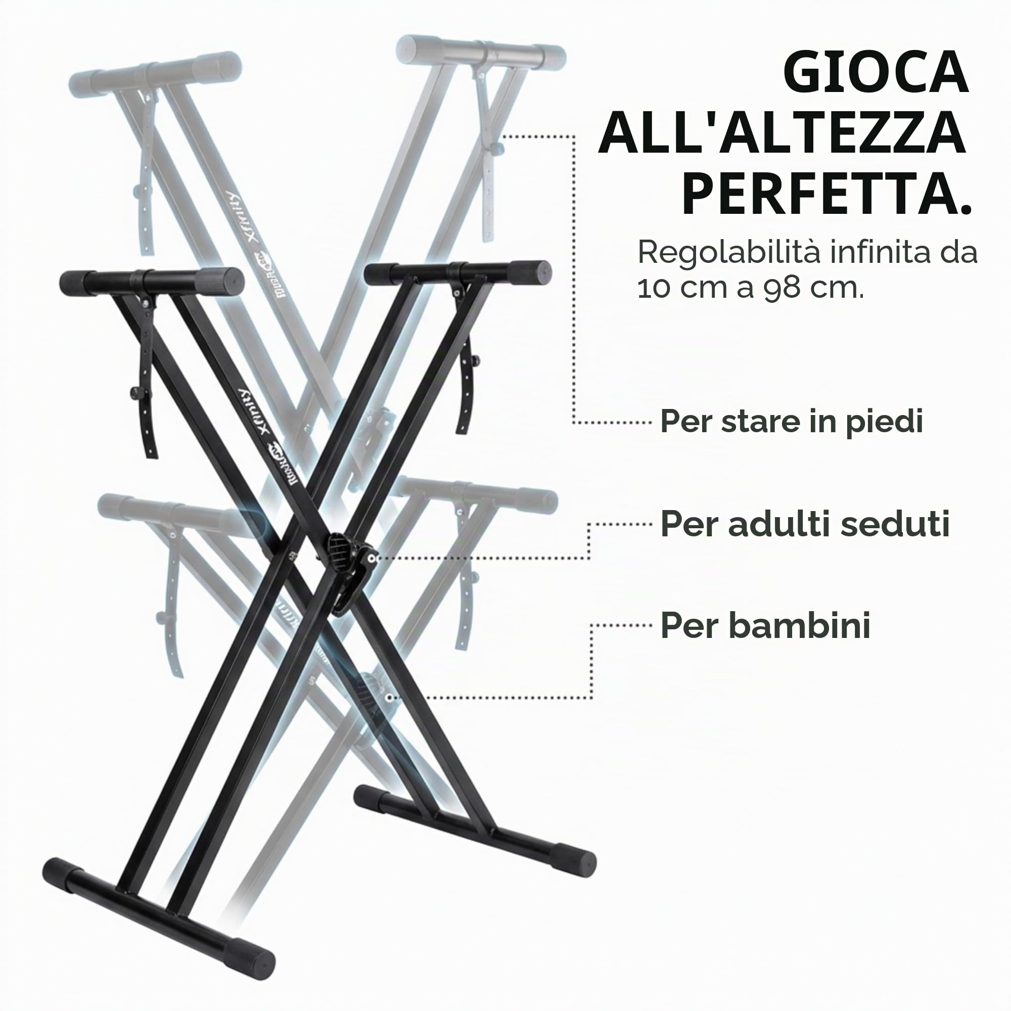 RockJam Supporto per Tastiera Xfinity a Doppia Barra Regolabile con Cinghie di Bloccaggio