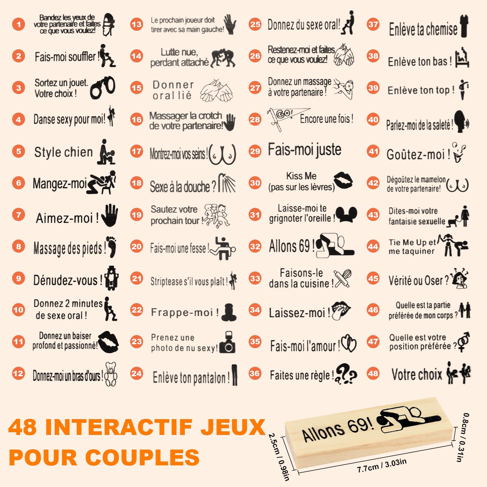 48 Pièces Français Jeu de Tour Blocs Coquins Couples,Lust Tower,Tour de culbutage pour la Saint-Valentin et Soirée Romantique,Jeu d'Empilage pour Couples,Blocs Empilables en Bois pour Adultes