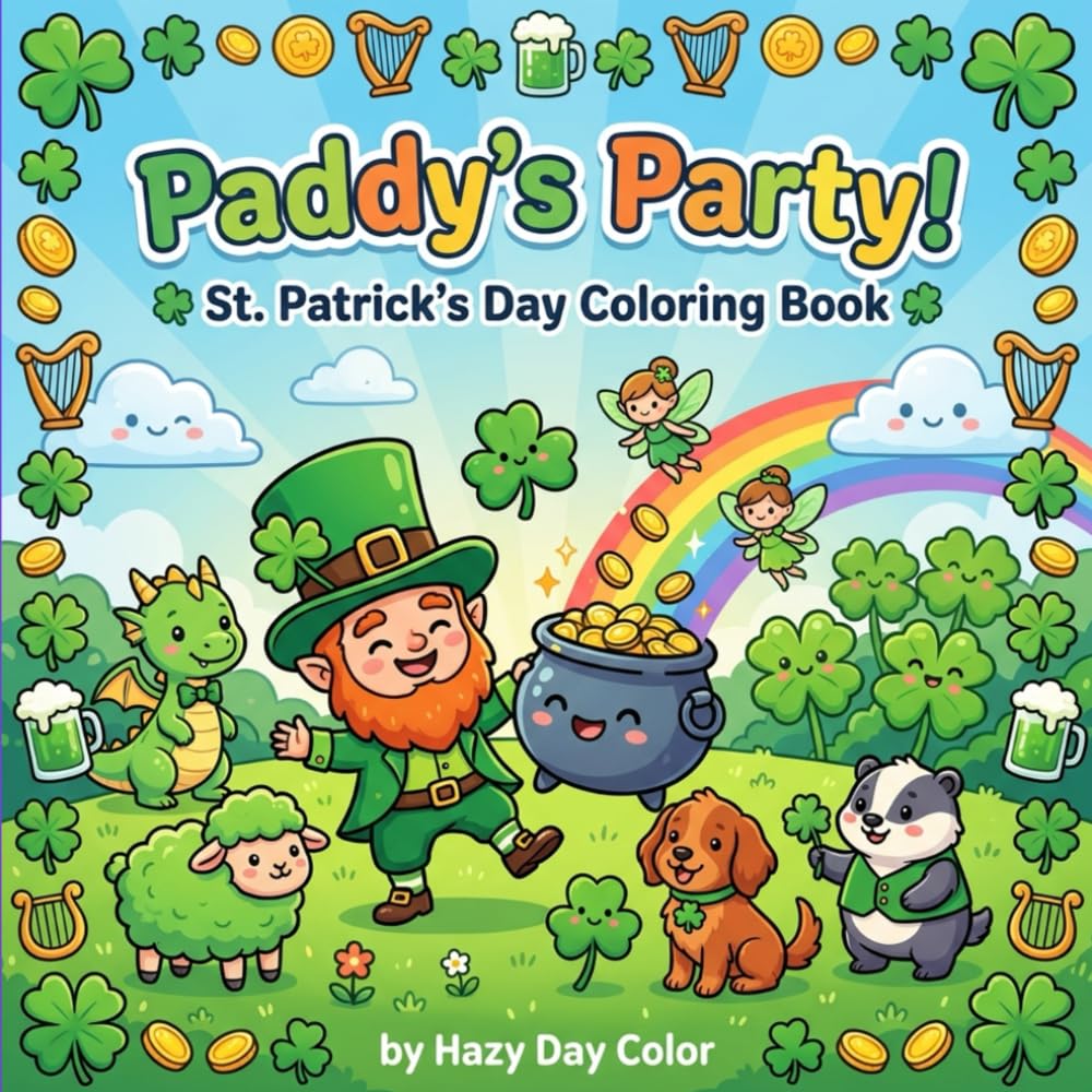 Paddy’s Party: St. Patrick’s Day Coloring Book for Kids Ages 4–8 | Featuring Cute Leprechauns, Irish Gnomes, Shamrocks, Rainbows, and Easy Single-Sided Pages