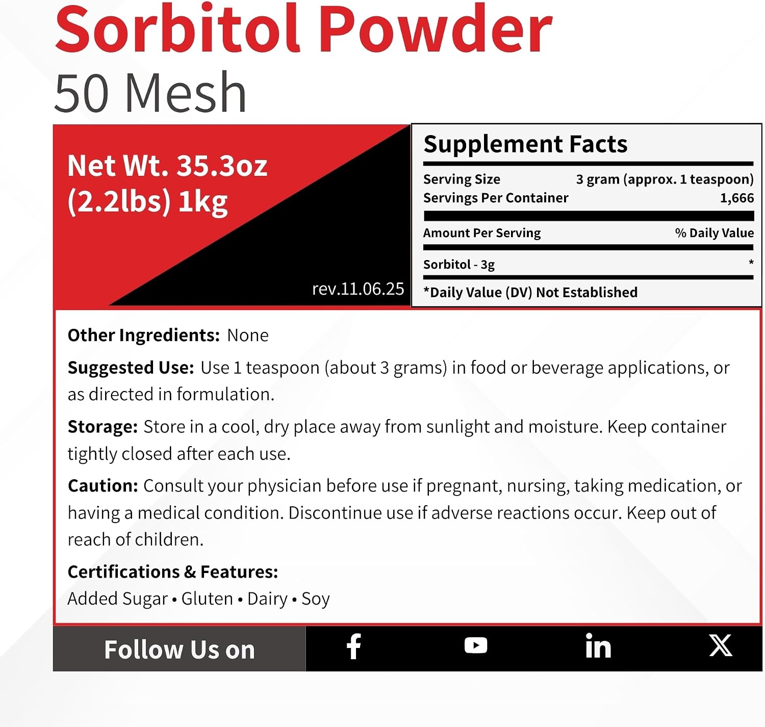 Sorbitol - 5 kg (11 lb) - NF Non-GMO Food Grade - Low Calorie Sugar Substitute for Making Dental-Friendly Products - 50 Mesh Crystalline D-Glucitol Coarse Powder