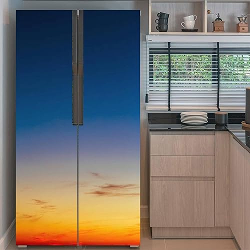 Miniatura 2 de Juego de envolturas de vinilo autoadhesivas para refrigerador, paisaje natural, naranja, amarillo, azul, amanecer, cielo, puesta de sol, mural,