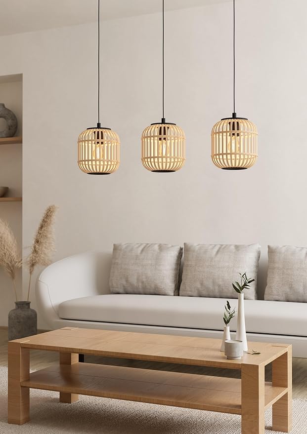 Eglo Eglo 43217 Bordesley, 3-vlammige vintage hanglamp, naturel, boho, hygge, hanglamp van staal in zwart en hout in naturel kleuren, eettafellamp, woonkamerlamp hangend met E27-fitting photo 2
