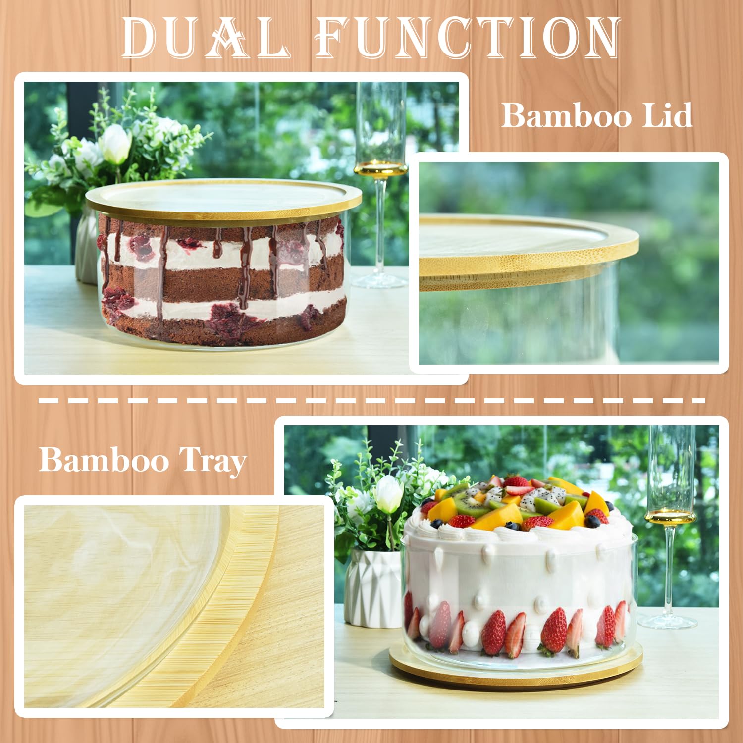 Bol de service avec couvercle en bambou double fonction pour salades, desserts, fruits, punch, micro-ondes et lave-vaisselle, 22,9 cm
