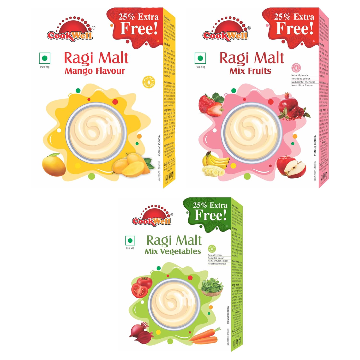 Cookwell Combo of Ragi Malt | 250g × 3 Flavours (Mango, Mix Fruit, Mix Vegetables) - Tasty & Health Enjoy the delightful combination of Mango, Mix Fruit, and Mix Vegetables flavours, each in a 250g pack-image-14