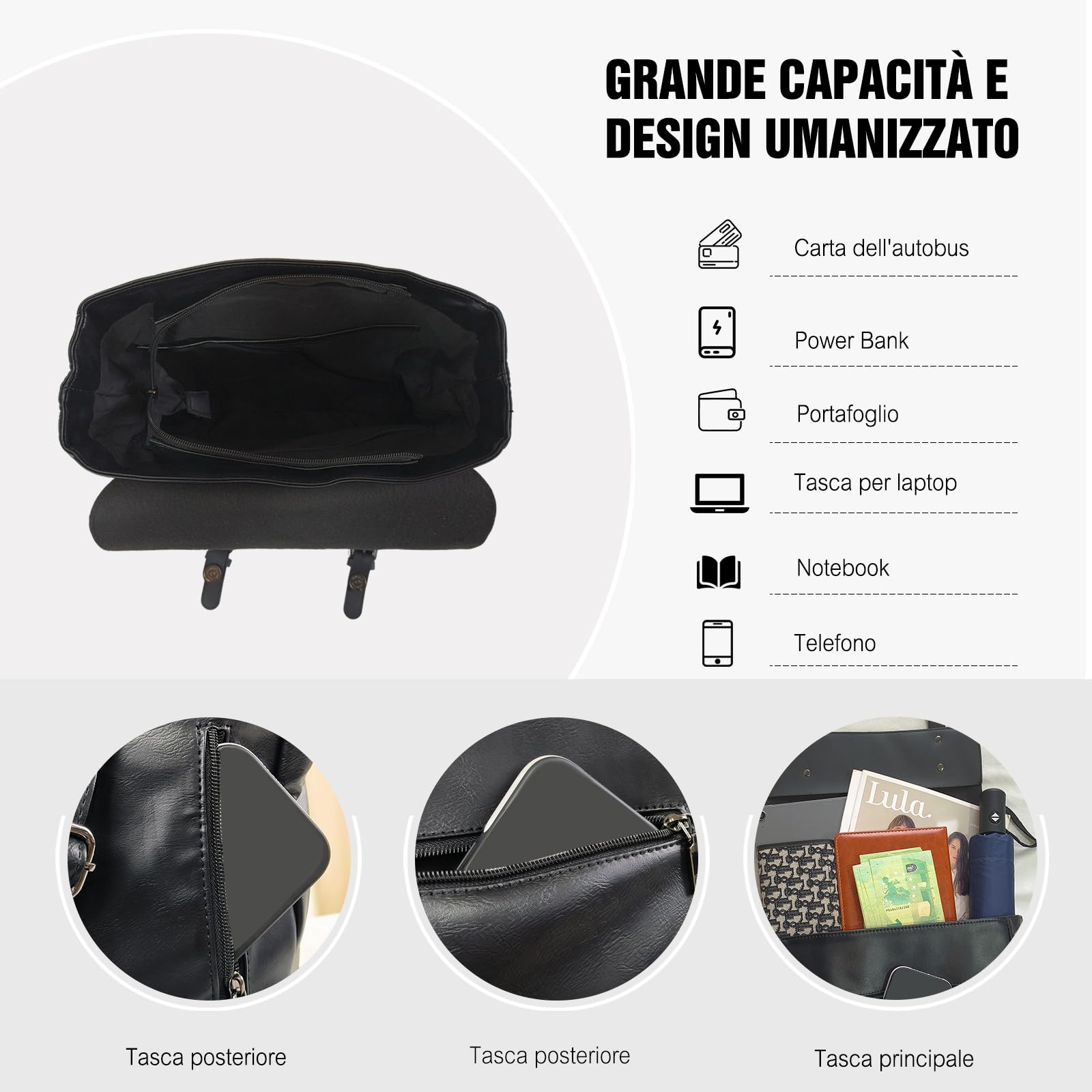 FANDARE Unisex Zaino Zainetto Adolescenti Borsa da scuola Impermeabile Scuola Zaino Uomo Donna Università per Viaggio Campeggio Escursionismo PU Daypacks per 12.9 pollice PC Nero