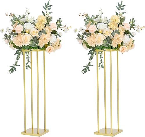 Miniatura 23 de VINCIGANT 2 soportes dorados de flores de boda de 23.6 pulgadas para decoración de boda, soporte de flores de columna de metal, estante rectangular