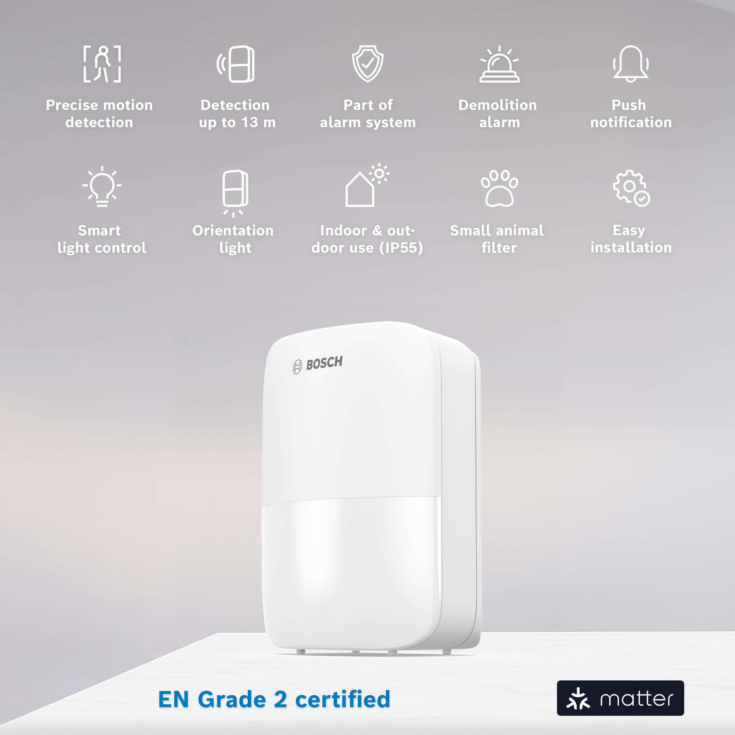 Sensor de MOV. Bosch Smart Home II [+M], Detector de MOV. para exter. e Inter., Certificado EN Grado 2, luz de Orient., Filtro p. Animales peq., área de detec. de hasta 13 m, compat. con Matter