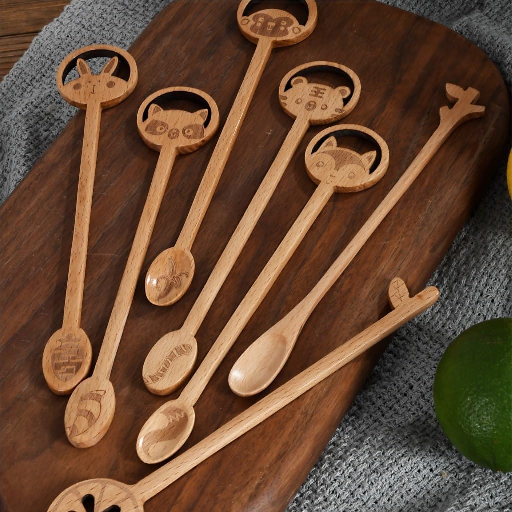 Spoons 7-Piece Set of Creative Wooden Cartoon Animal Stirring Spoon Leaf Wooden Spoon Coffee Spoon Dessert Spoon