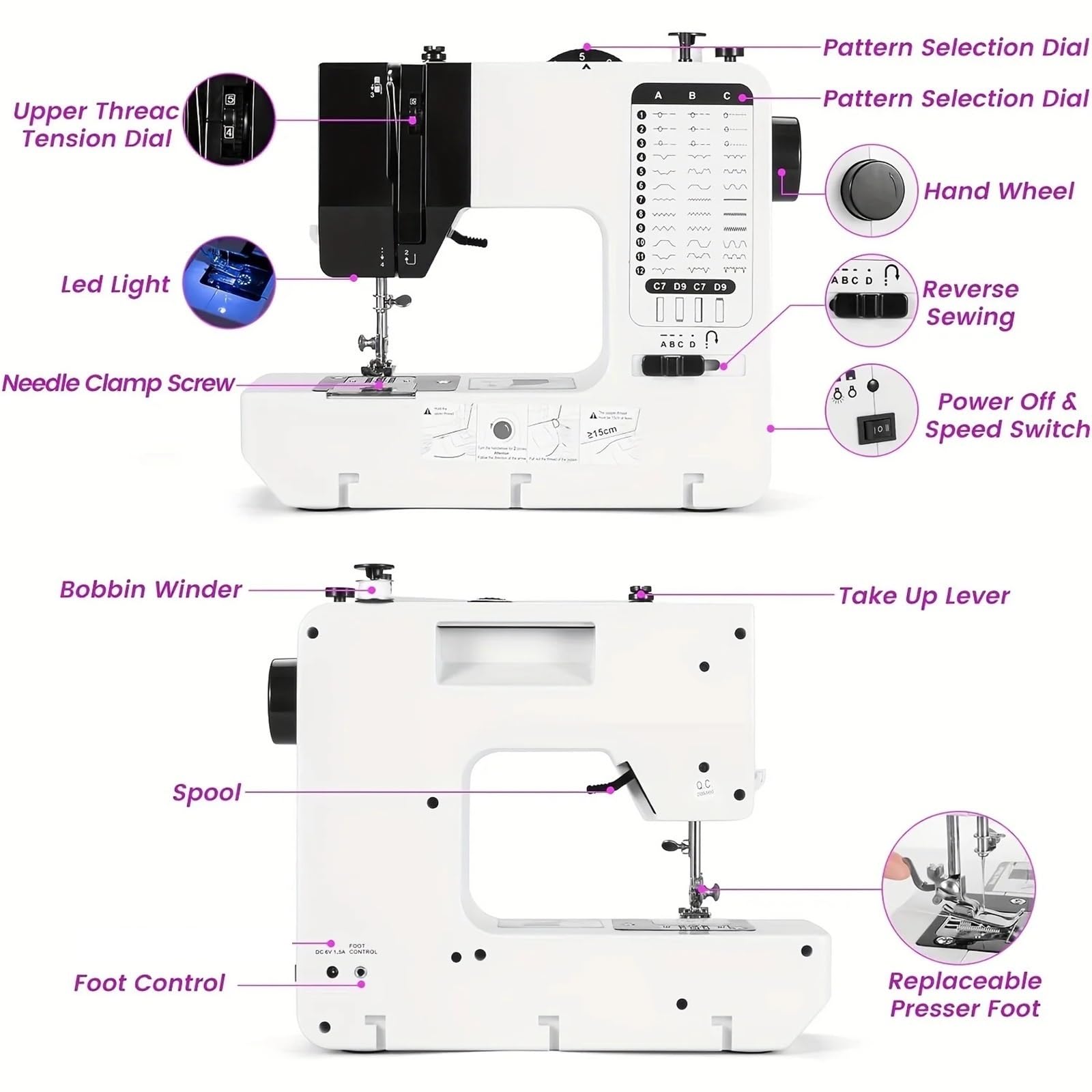 Bobinadora, Máquina De Coser Eléctrica Para El Hogar Con Pedal, Mesa Extensible, L,para motor, resorte, cinta | Luces Integradas
