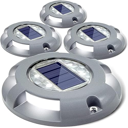 SIEDiNLAR Solar Deck Lights Driveway Dock LED Light Solar Powered Outdoor Waterproof Road Markers for Step Sidewalk Stair Garden Ground Pathway Yard 4 Pack (White)