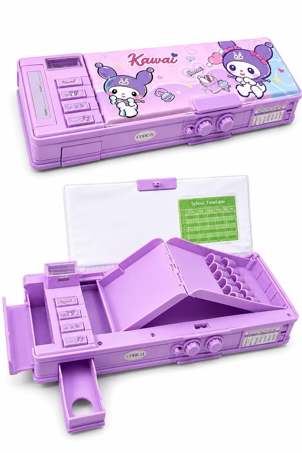 WORSHIPER Multifunction Pencil Box for Girls with 2-Digit Password Lock, Built-in Sharpener & Calendar, Dual Sided Magnetic Geometry Compass Box School Gift (Kurumi Purple - Com.Box Password Lock)