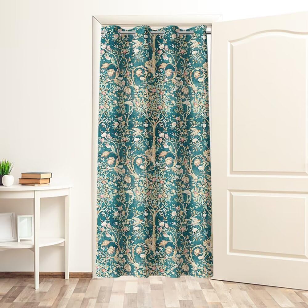 William Morris Floral Door Curtain for Doorway Privacy Teal Flower Tree Nature Blackout Door Drape Set Living Room Decor 34" W x 80" L