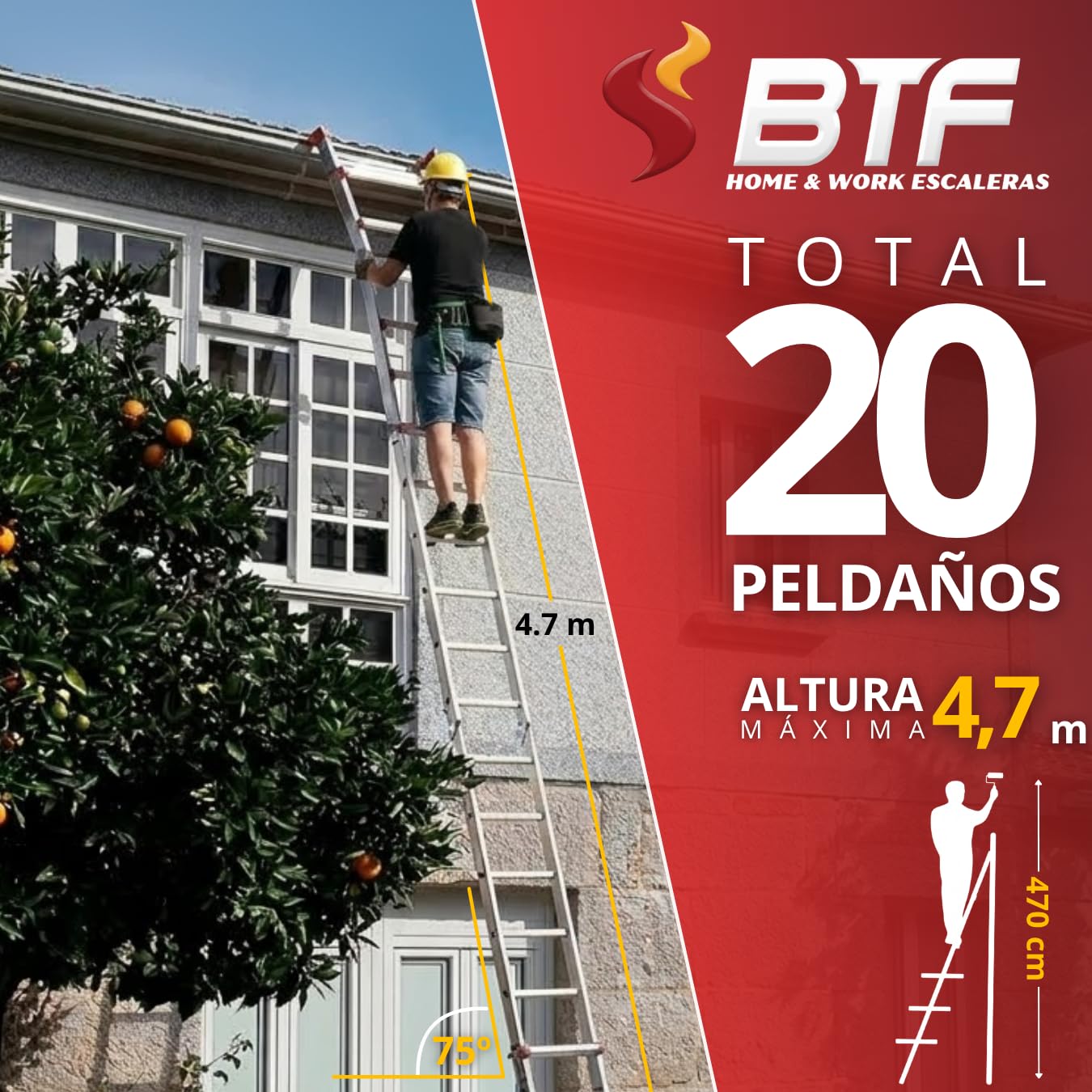 Escalera Telescópica de Aluminio Articulada 4x5 Peldaños | BTF Escalera Extensible Plegable Multiposición hasta 4,7m, Tijera 2,3m, Carga 150kg, Norma EN131