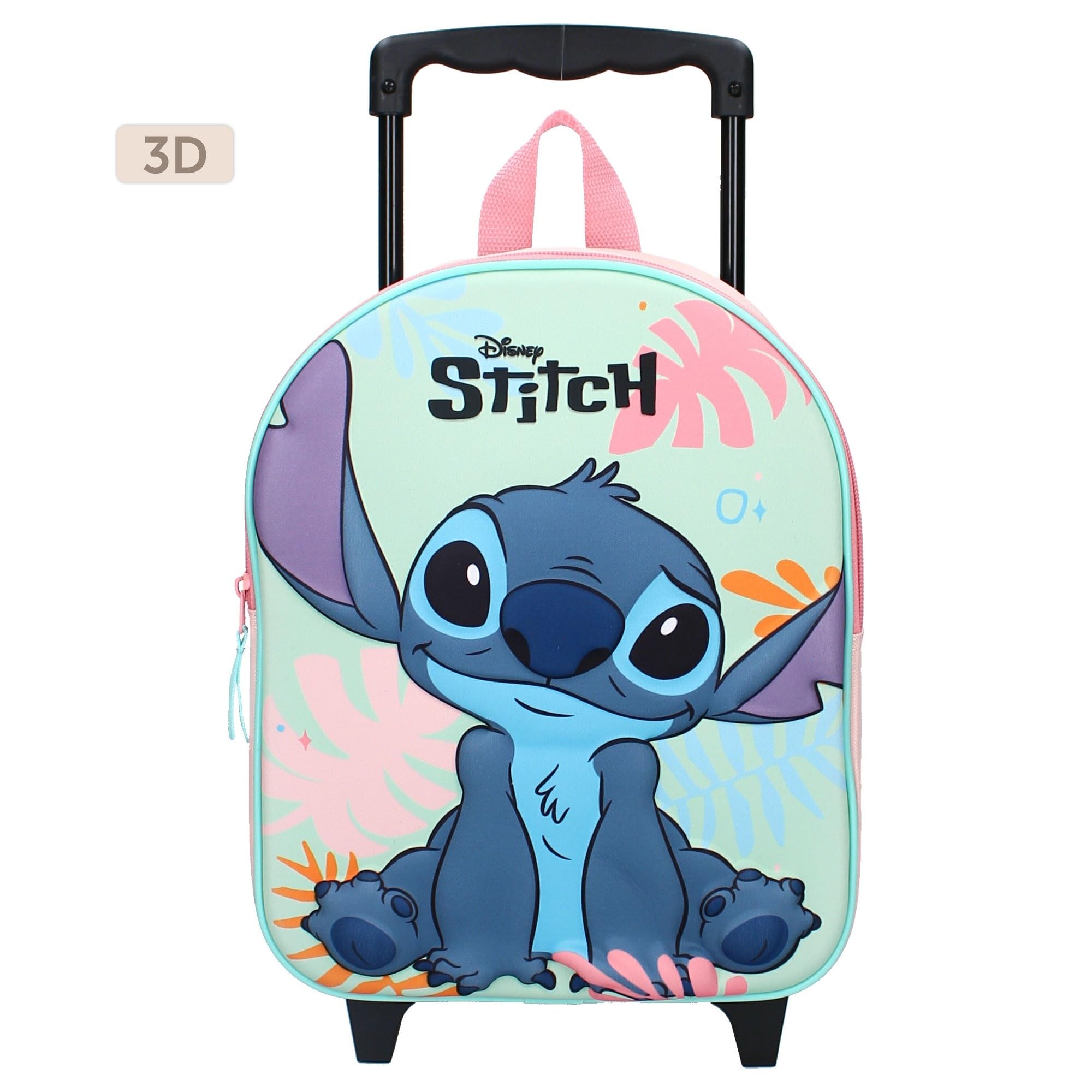 DISNEY STITCH Zaino Trolley con immagine 3D - Zainetto per bambini | Scuola | Asilo - Spallacci imbottiti e regolabili - 2 Ruote e Maniglia Estensibile - 32x26x11cm - Colore Rosa e Azzurro
