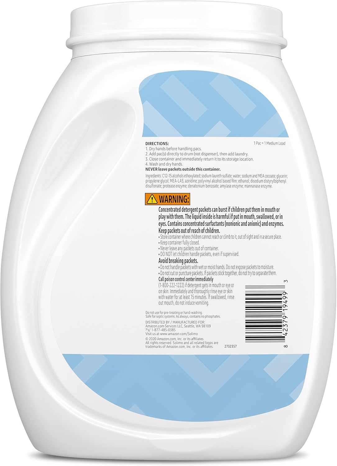  Brand - Solimo Laundry Detergent Pacs, Free & Clear, Hypoallergenic, Free of Perfumes Clear of Dyes, 120 Count : Health & Household