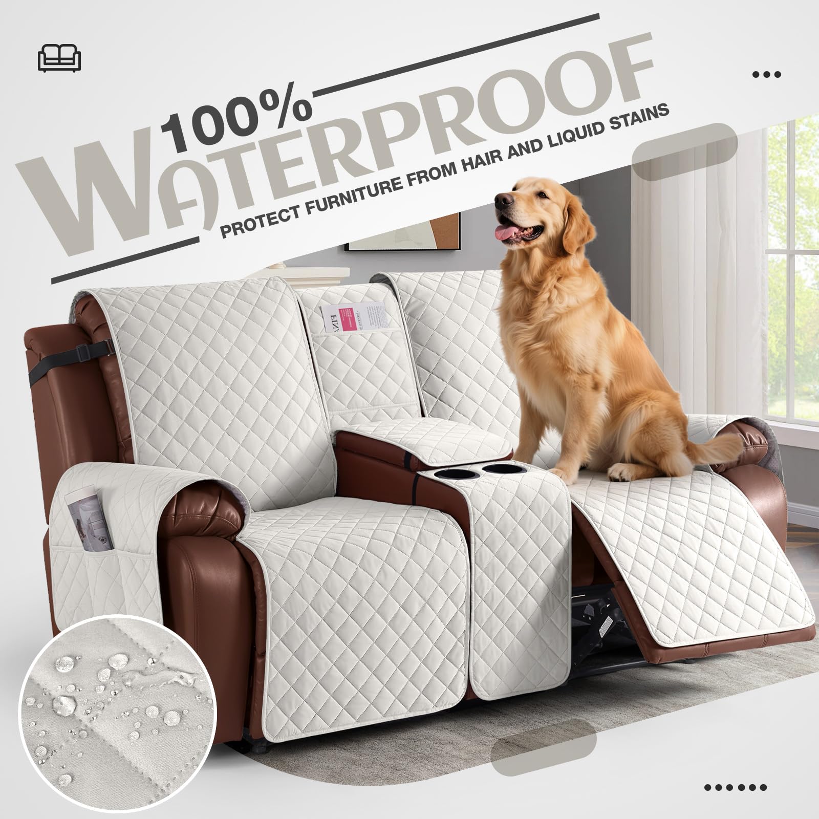 Funda 100% impermeable para sofá biplaza reclinable con consola, fundas antideslizantes para sofá reclinable de 2 asientos, protector de muebles con correas elásticas para niños, mascotas, 2