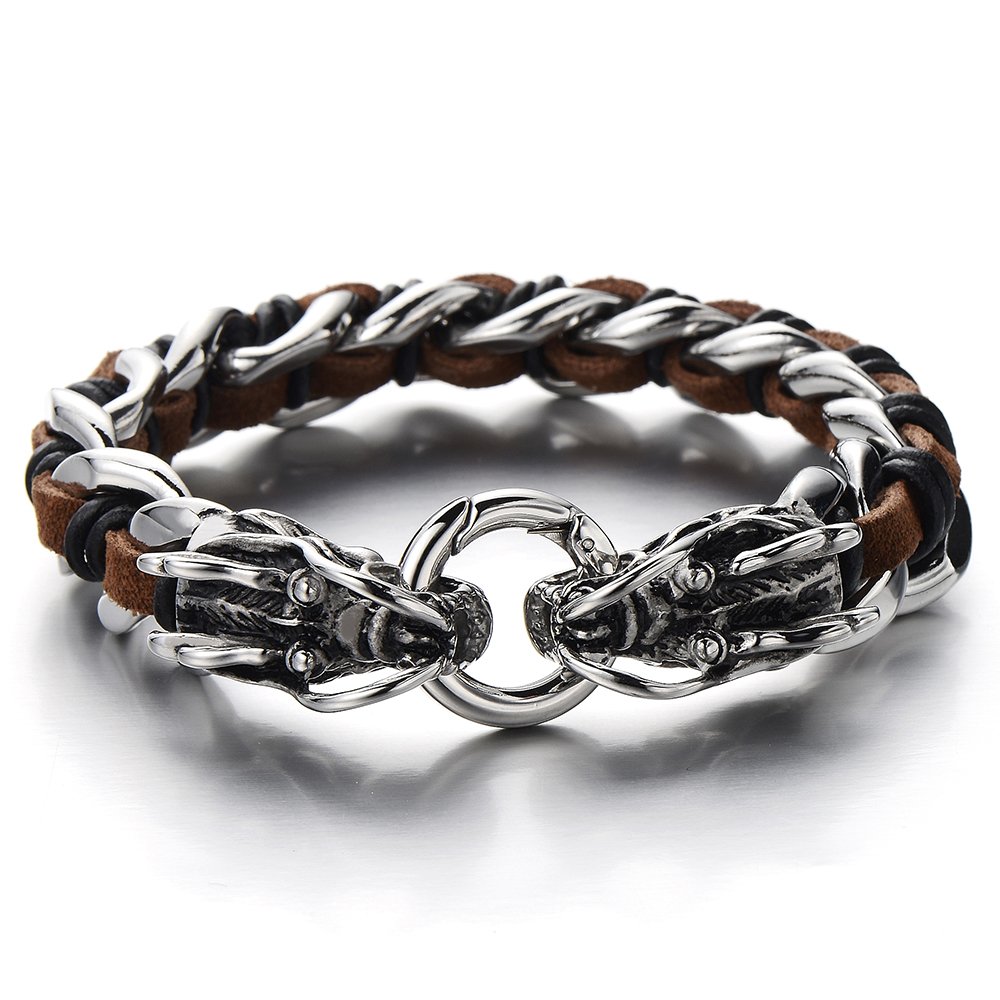 COOLSTEELANDBEYOND Trenzado Brazalete del Dragón, Pulsera de Hombre, Cadena Barbada, Acero, Tiras Cuero Mixtos, Marrón Cuero Genuino