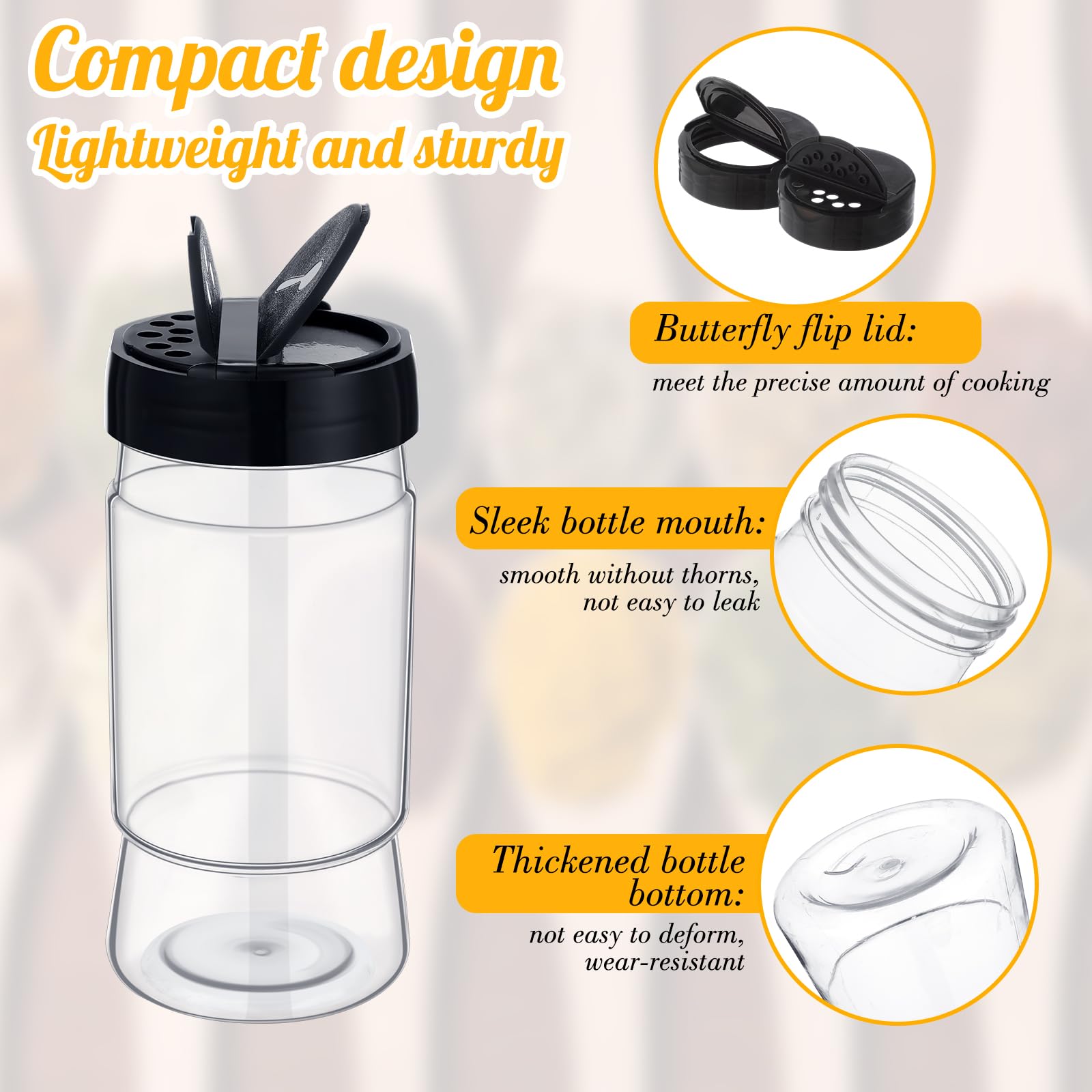 Mimorou Paquete de 30 tarros de plástico para especias de 10.5 onzas con tapas de coctelera, recipientes transparentes para condimentos, botellas de especias para almacenamiento de cocina, hierbas y