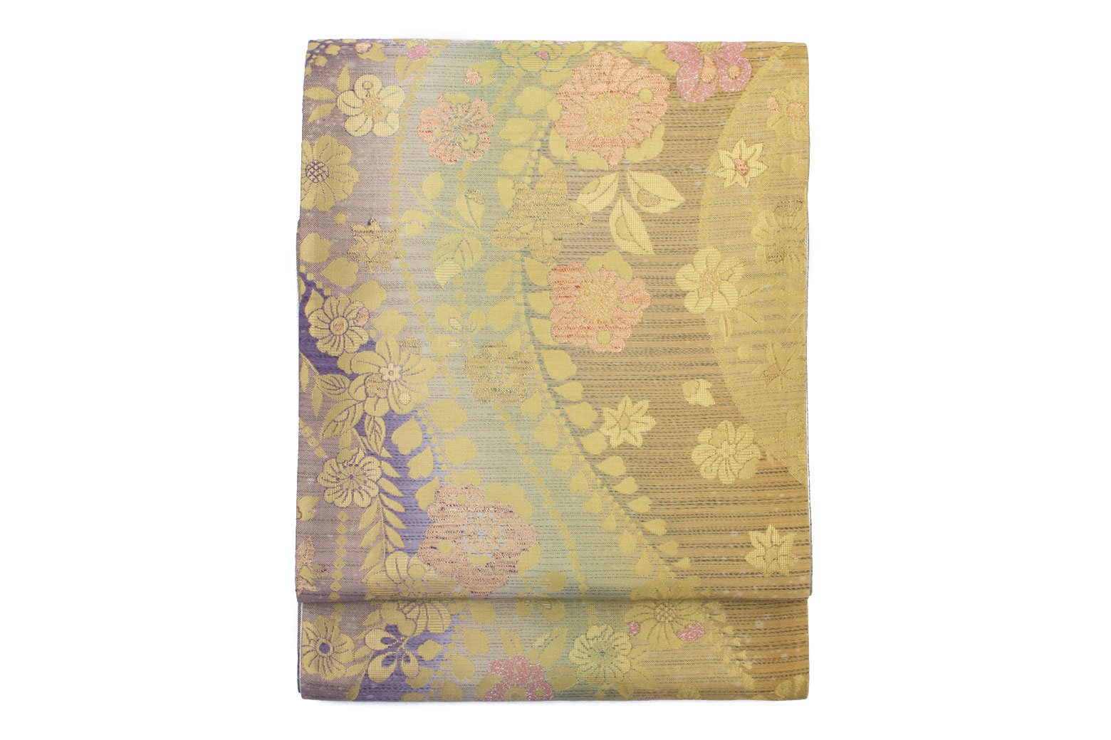 袋帯 振袖用 赤紫色 パープル 金色 ゴールド グラデーション 花唐草