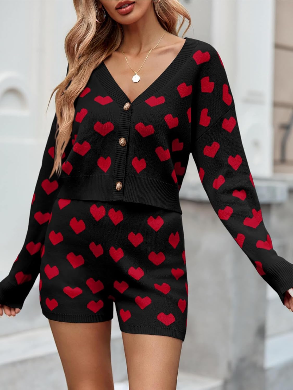 Tankaneo Womens Valentine's Day Sweater Sets Heart Knit Long Sleeve Cropped Cardigan and Shorts 2 Piece Outfits - Image 2