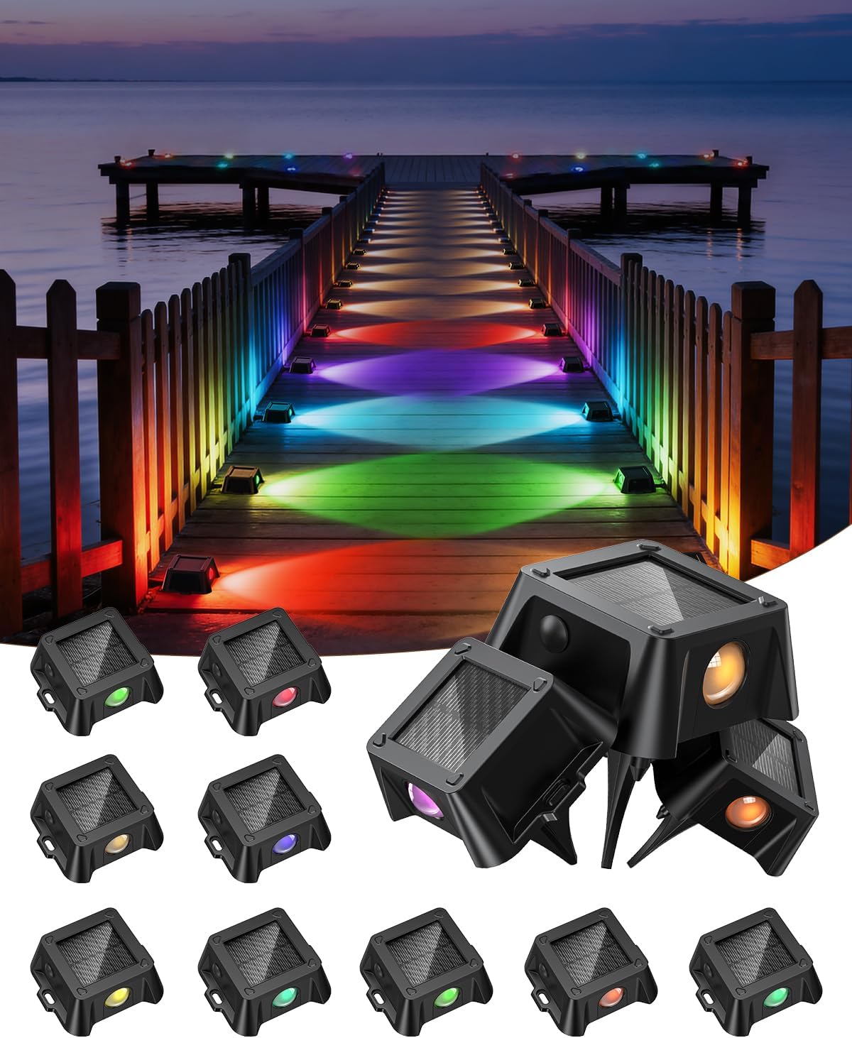 TECKNET Solar Driveway Lights Outdoor 12 Pack, 9 Colors & 3 Dynamic Color Modes Solar Dock Deck Lights with IP68 Waterproof, RGB Driveway Marker Light for Warning Step Sidewalk Stair Walkway Pathway