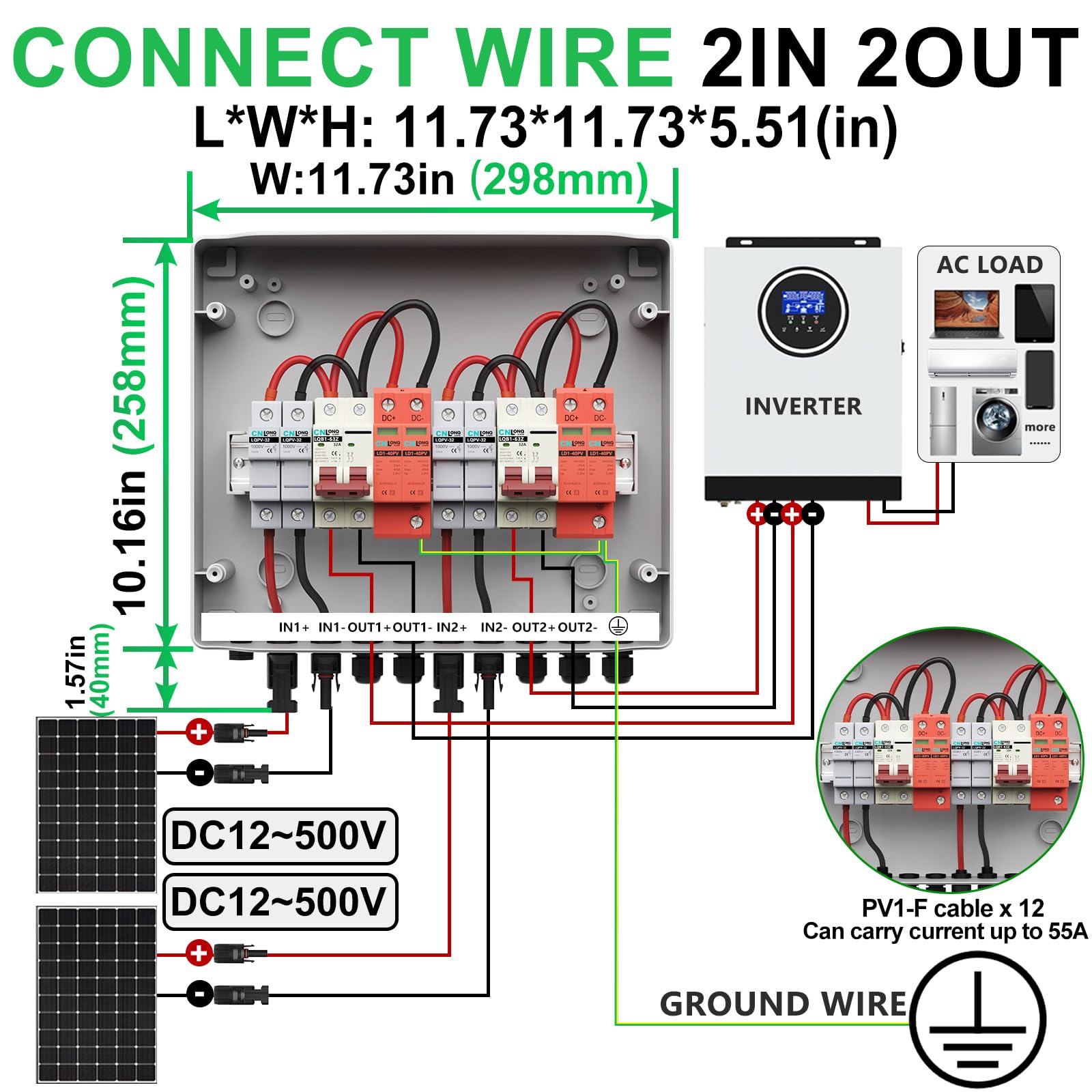 CNLonQcom Disjoncteur Solaire DC 32A 500V – 1 Entrée 1 Sortie – Boîte PV Avec Câble Et Connecteurs – IP65 Étanche Pour Panneaux Solaires