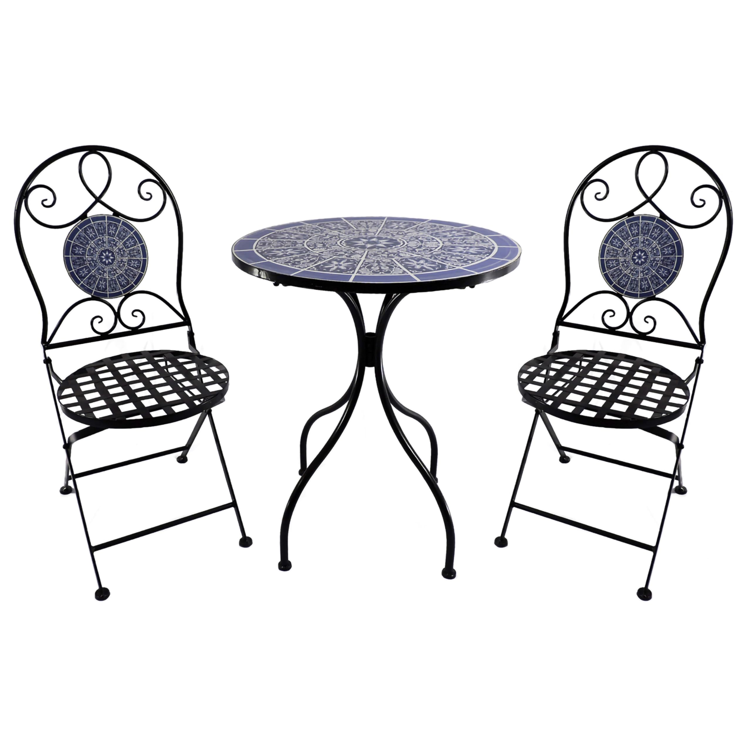 BrackenStyle Metal Mosaic Folding Bistro Garden Set - 60cm Round Table and 2 Foldable Chairs Outdoor/Indoor Patio Seating (Purple & White, 3 Piece)