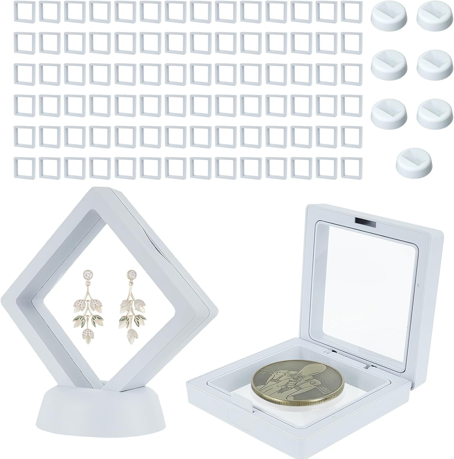 80 Pcs 3D Floating Frame Display Case, Challenge Coin Display Holder Stands, Clear PE Film Jewelry Shadow Box for Pins, AA Medallion, Military Medal, Shells, Rocks, Fossils, 2.8x2.8x0.8 Inch, White.
