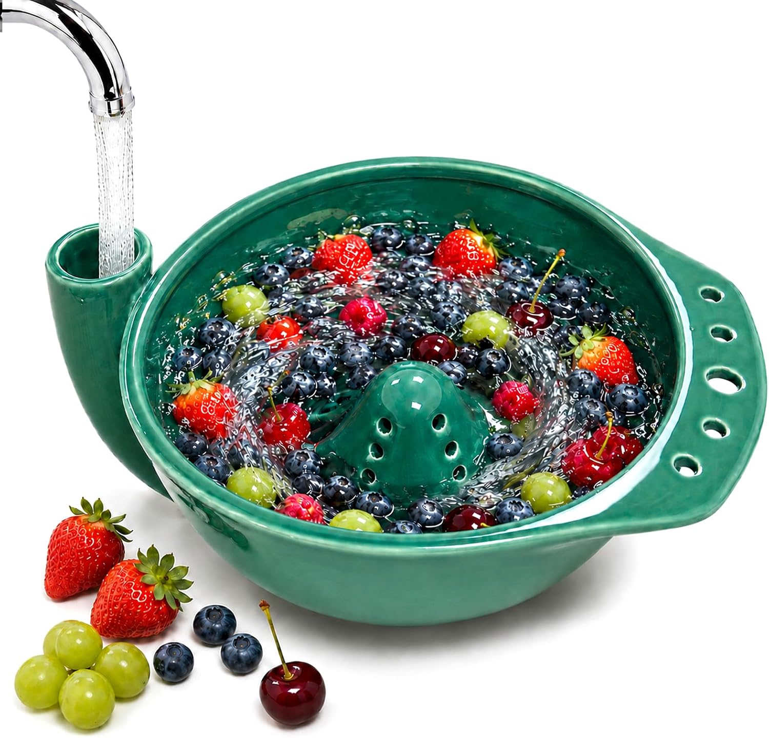 Ceramic Berry Washing Bowl, Self Spinning Fruit Washer Bowl 