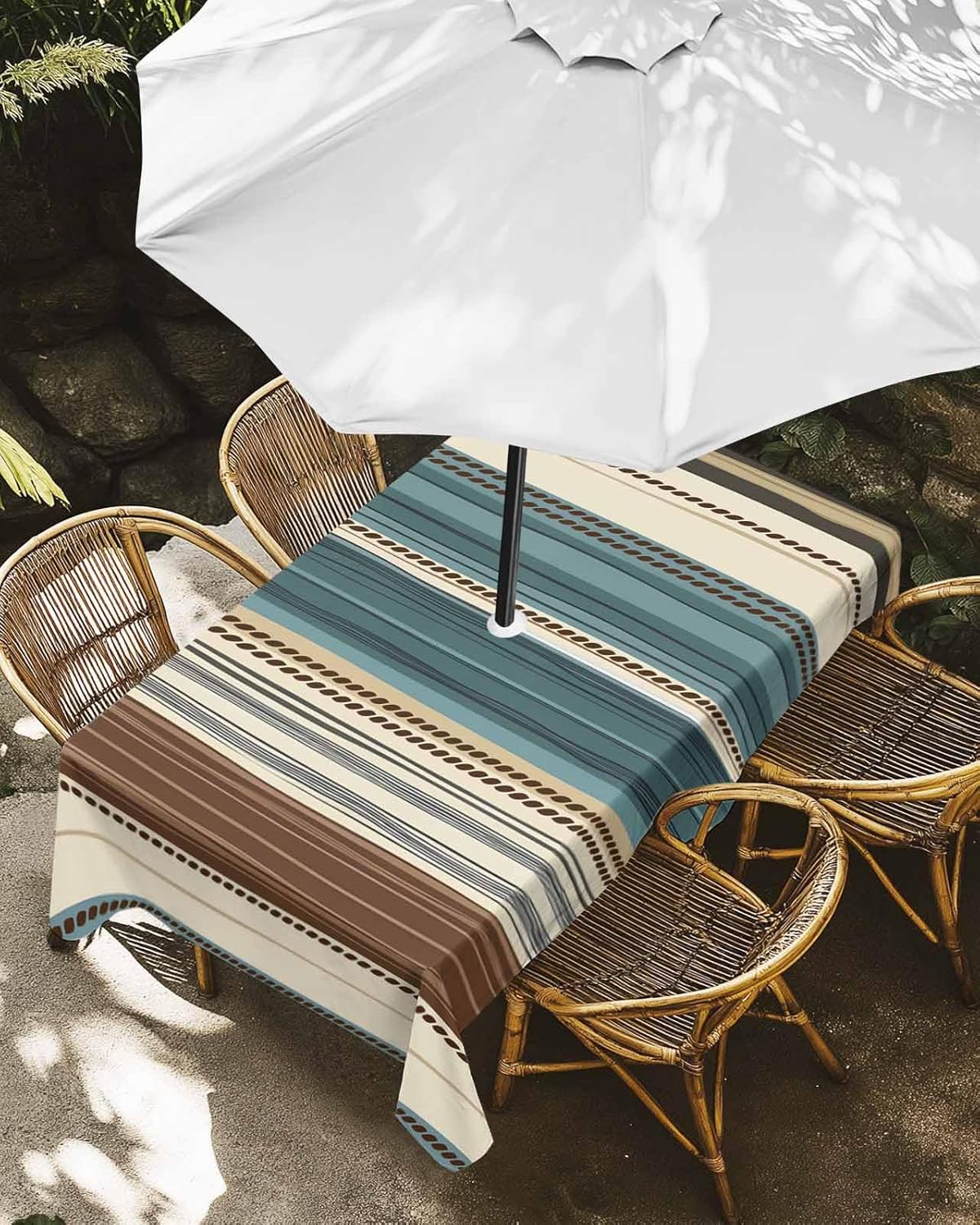 PIEPLE Teal Boho Stripes Outdoor Indoor Table Cloth Rectangle Table 60x102, Teal Green Grey Southwest Tribal Washable Waterproof Tablecloth with Umbrella Hole Zipper for Parties Pool Patio Coffee