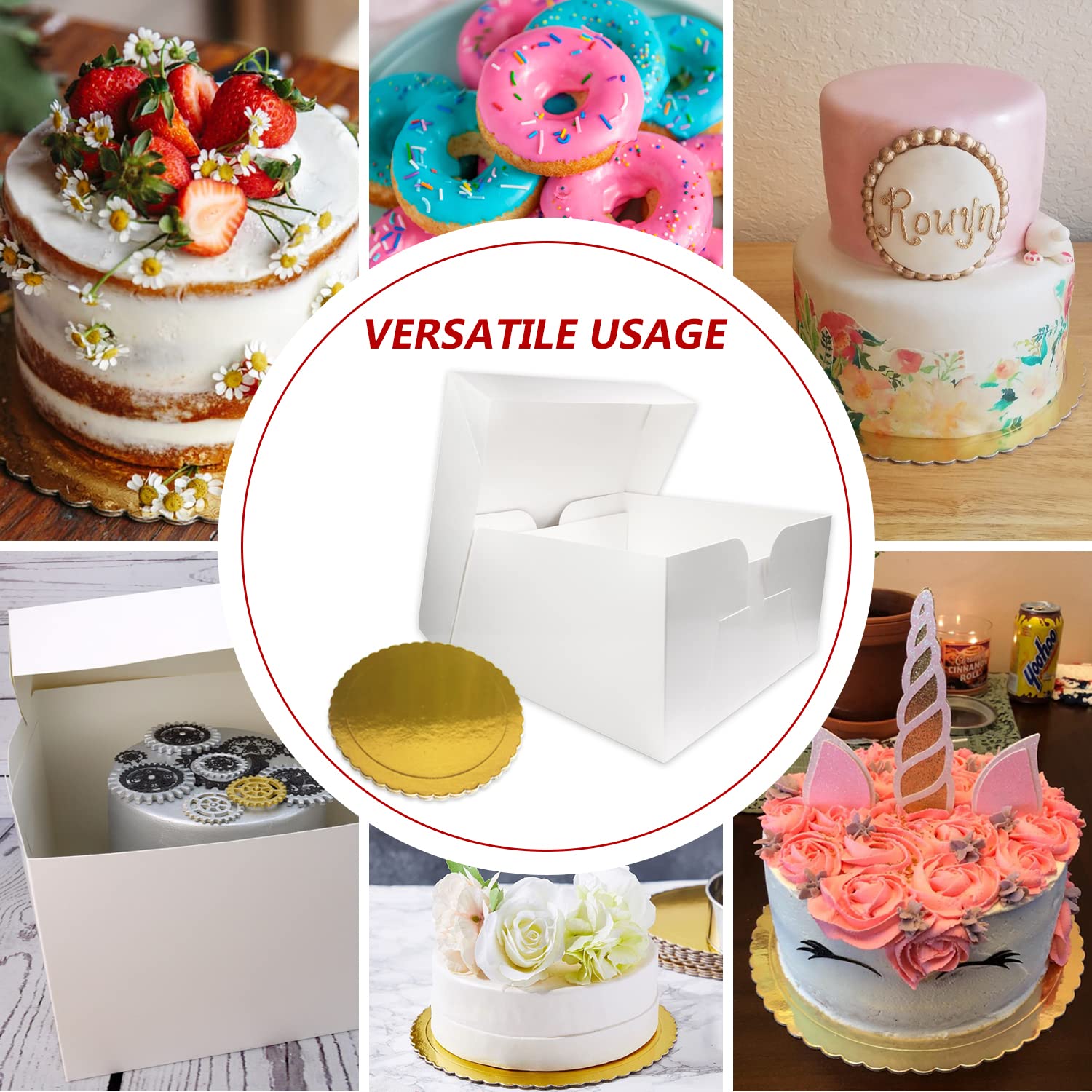Cake Box 12 Inch Pack of 5, Includes 5 White Cake Boxes with Removable Lids and 5 Golden Cake Boards - Image 3