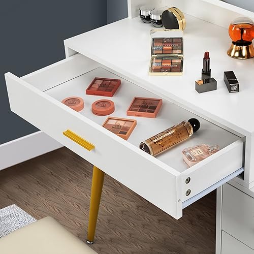 Miniatura 16 de VINGLI Escritorio de tocador con espejo y luces, tocador de maquillaje negro con cajones y 6 estantes de almacenamiento, mesa de tocador con silla