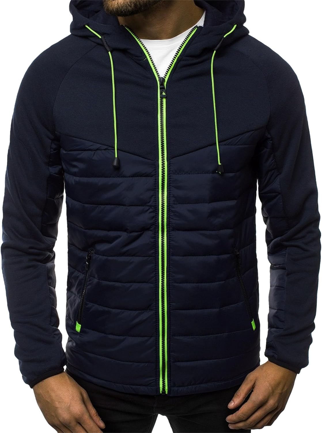 Mens Quilted Hoodies Jackets Long Sleeve Zip Up Puffer Sweatshirts Color Block Padded Jacket for Outdoor Hiking