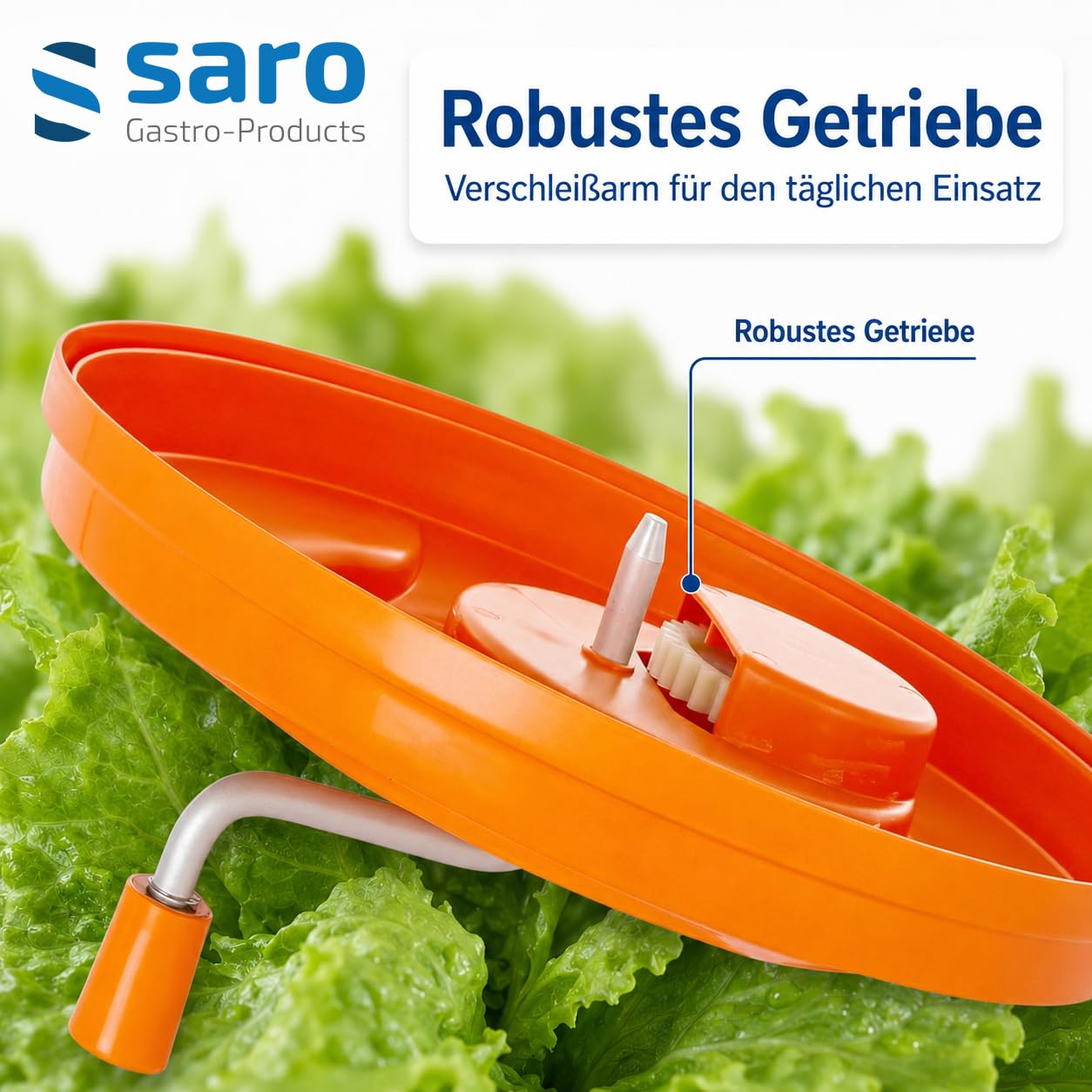 SARO Salatschleuder – 12 L – Ø 330 mm – Stoßfestes Kunststoffgetriebe – Spülmaschinengeeignet – Rutschfester Stand – Modell RENA 121